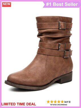 Women's Mid-Calf Boots Faux Leather Low Chunky Heel Side Zip Motorcycle Boot
